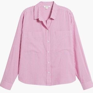 Beachlunchlounge Evelynn Cotton Blend Button up in Pink and White Stripe-Small